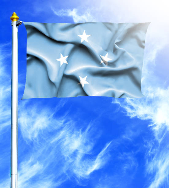 istock Blue sky and mast with hanged waving flag of Micronesia 657902016