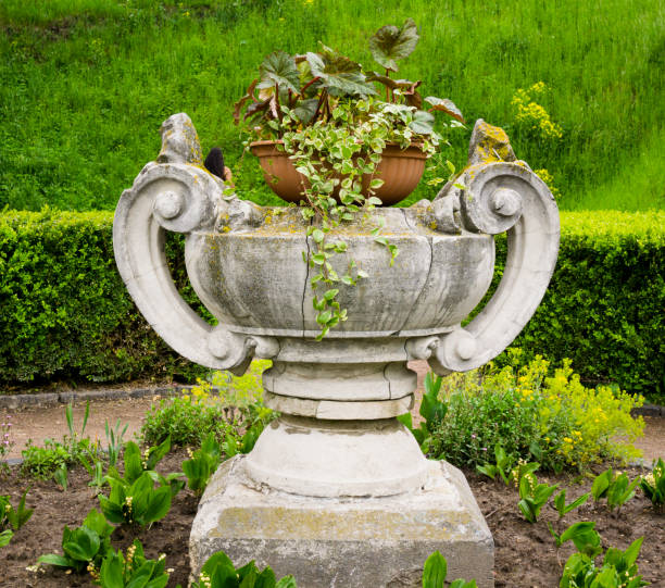 istock Stone vase with flowers in the garden 657911546