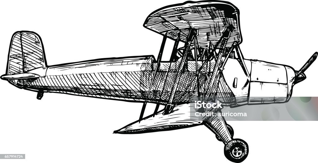 Vector drawing of airplane stylized as engraving Vector black and white hand drawn illustration of vintage biplane. Airplane isolated on white background. Side view. Airplane stock vector