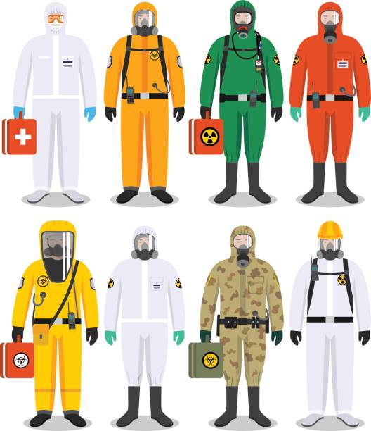 koncepce chemického průmyslu. detailní ilustrace různí pracovníci v rozdílech ochranné obleky na bílém pozadí v plochém stylu. nebezpečná profese. vektorové ilustrace. - polomaska stock ilustrace