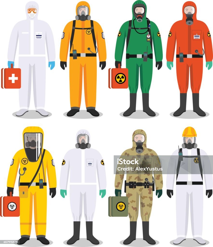 Chemical industry concept. Detailed illustration different workers in differences protective suits on white background in flat style. Dangerous profession. Vector illustration. Set of colorful different people in differences protective suits in flat style. Dangerous profession. Vector illustration. Protective Suit stock vector