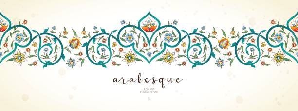 Vector seamless border in Eastern style. Vector vintage decor; ornate seamless border for design template. Eastern style element. Luxury floral decoration. Place for text.Ornamental illustration for invitation, greeting card, wallpaper, background. persian culture stock illustrations