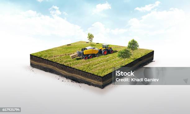 3d Illustration Of A Soil Slice Collection Of Straw By A Combine Harvester In Bales Isolated On White Background Stock Photo - Download Image Now