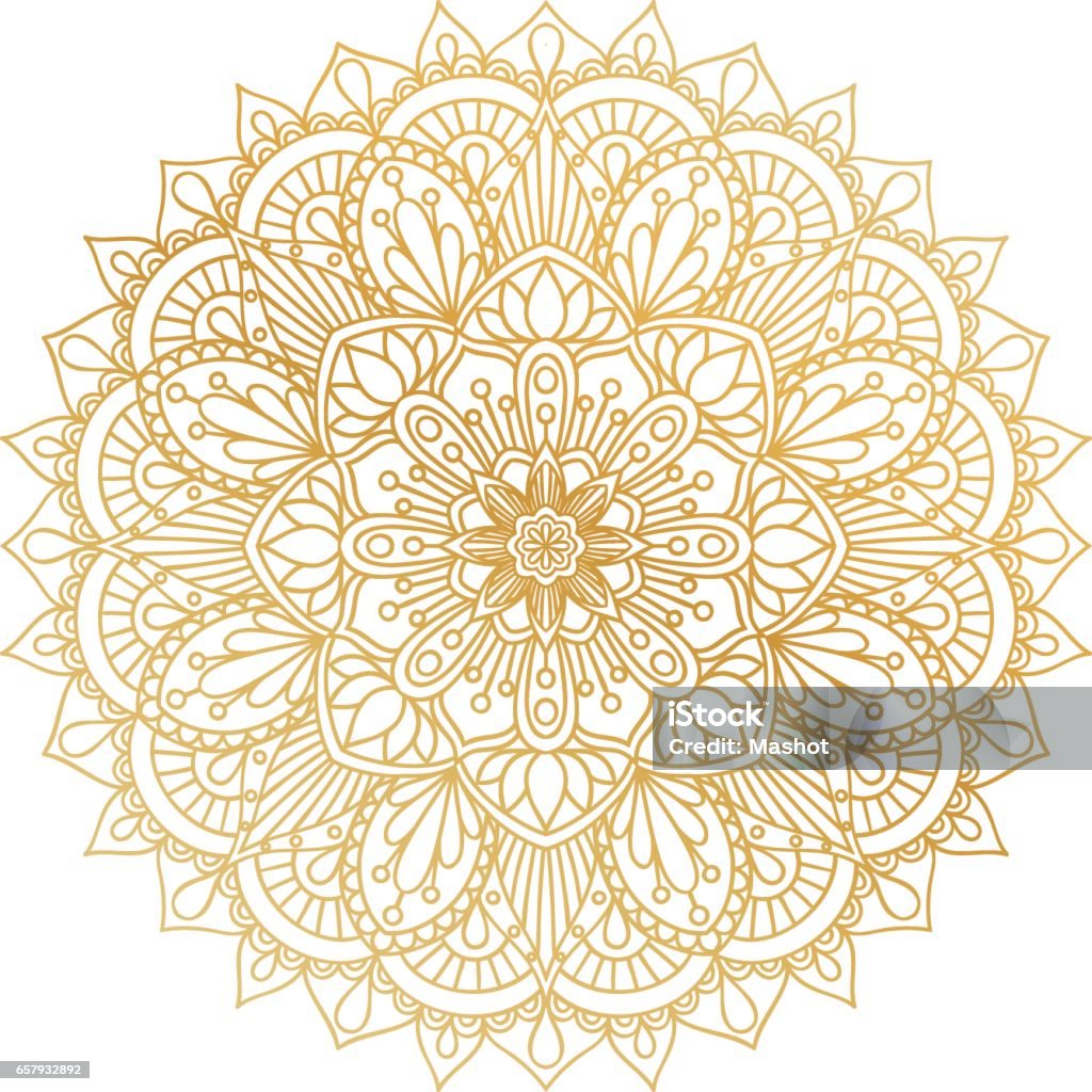 Vector golden contour Mandala ornament. Oriental round pattern. Vector golden contour Mandala ornament. Vintage decorative elements. Oriental round pattern. Islam, Arabic, Indian, turkish, pakistan, chinese, ottoman motifs. Hand drawn floral background. Mandala stock vector