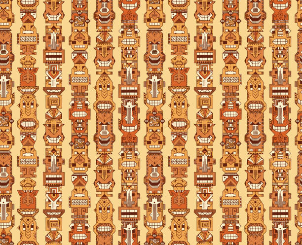 ilustrações de stock, clip art, desenhos animados e ícones de vector seamless pattern of tribal polynesian tiki masks. hand drawn doodle hawaiian totem idol carved religious masks statue. ethnic symbols background - native american statue wood carving