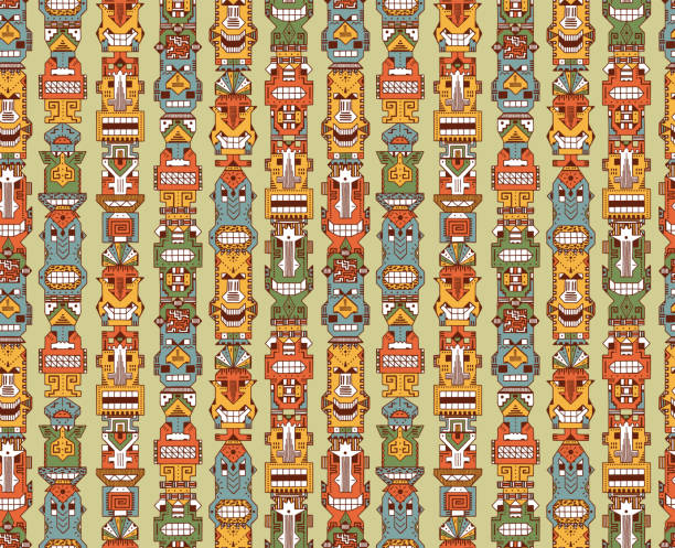 ilustrações de stock, clip art, desenhos animados e ícones de vector seamless pattern of tribal polynesian tiki masks. hand drawn doodle hawaiian totem idol carved religious masks statue. ethnic symbols background - native american statue wood carving