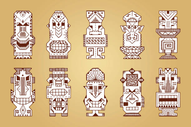 векторный набор племенных полинезийских масок тики. ручная нарисованная дудл гавайский тотем идол резные маски статуя. религиозные или эт� - native american statue wood carving stock illustrations