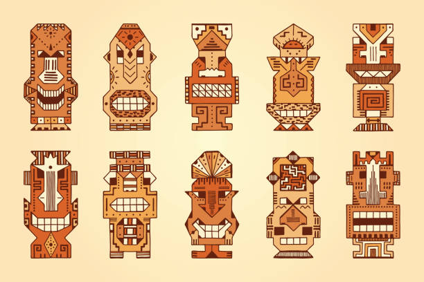 векторный набор племенных полинезийских масок тики. ручная нарисованная дудл гавайский тотем идол резные маски статуя. религиозные или эт� - native american statue wood carving stock illustrations