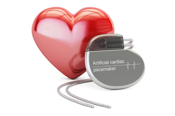 Photo of Artificial cardiac pacemaker with red heart, 3D rendering isolated on white background