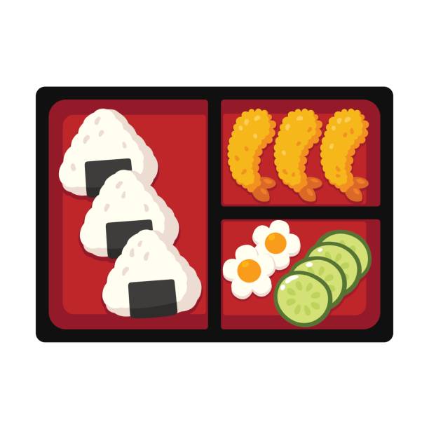 Japanese bento box Traditional Japanese bento box lunch with rice onigiri and tempura shrimp, cucumber and egg. Vector illustration. empty bento box stock illustrations