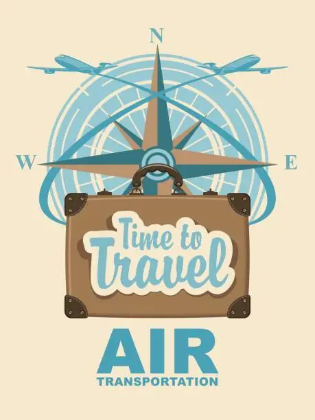 Vector illustration of banner with travel suitcase and compass Windrose