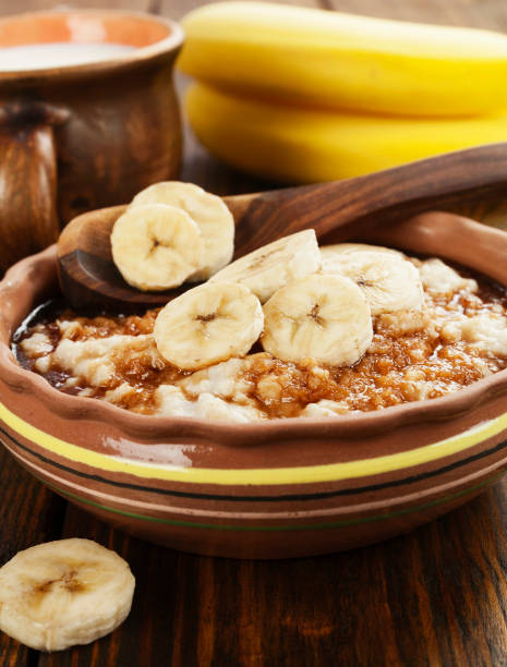 Porridge with bananas stock photo
