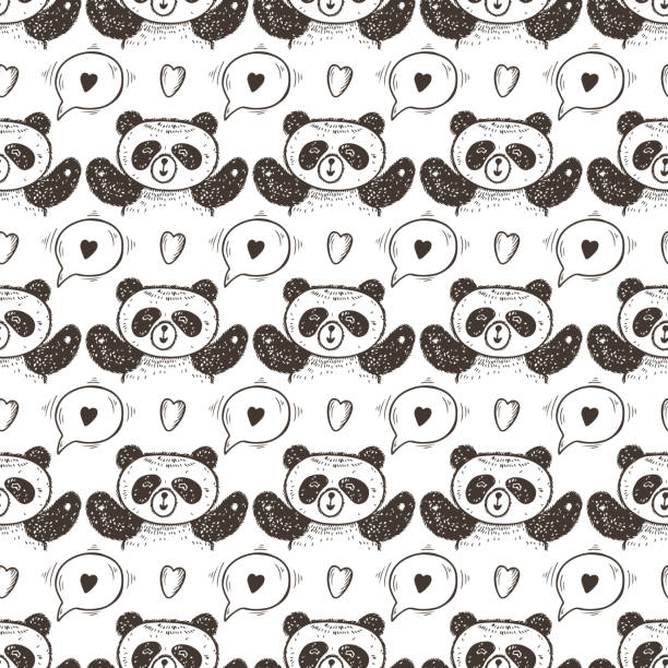 illustrazioni stock, clip art, cartoni animati e icone di tendenza di modello valentine vector seamless con cute baby panda. sfondo infinito con panda, parla bolla con il cuore. doodle disegnato a mano divertente orso bianco e nero. - 4611