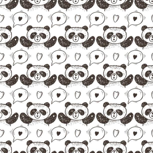 valentine vector bezszwowy wzór z cute baby panda. endless background z pandami, rozmawiaj z sercem. ręcznie rysowane doodle funny czarno-biały niedźwiedź. - 4611 stock illustrations