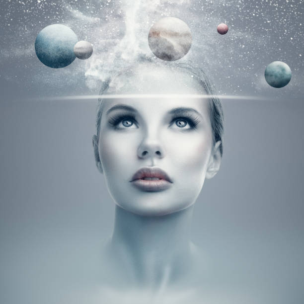 Futuristic portrait of young woman with virtual hologram display showing space and planets