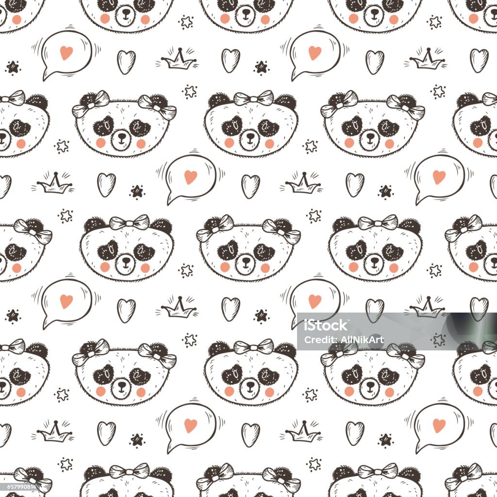 Cute Baby Girl Panda Vector Seamless Pattern Endless Wallpaper With  Princess Pandas Hand Drawn Doodle Funny Black And White Bear Background For  Kids Stock Illustration - Download Image Now - iStock
