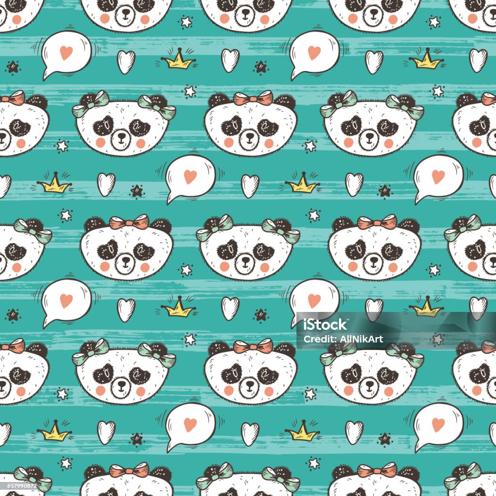 Cute Baby Girl Panda Vector Seamless Pattern Endless Wallpaper With  Princess Pandas Hand Drawn Doodle Funny Black And White Bear Background For  Kids Stock Illustration - Download Image Now - iStock
