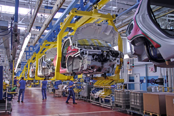 Modern vehicles on the production line stock photo