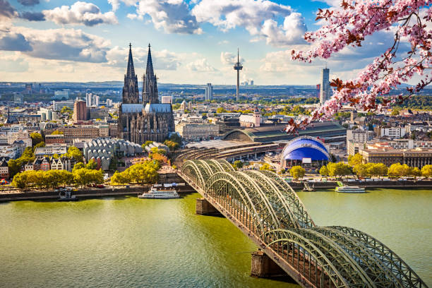 Aerial view of Cologne at spring Aerial view of Cologne at spring, Germany embankment photos stock pictures, royalty-free photos & images