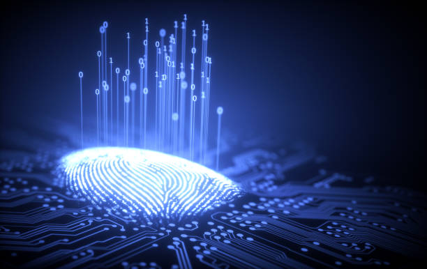 Fingerprint Binary Microchip 3D illustration. Fingerprint integrated in a printed circuit, releasing binary codes. identity stock pictures, royalty-free photos & images