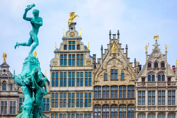 Close up Barbo fountain and guild houses at Grote Markt square in Antwerp, Belgium