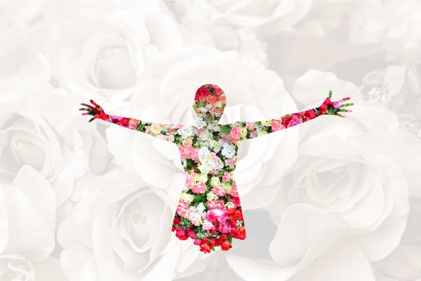 Female and Roses flower in double exposure isolated on roses background, Valentines day or love concept.