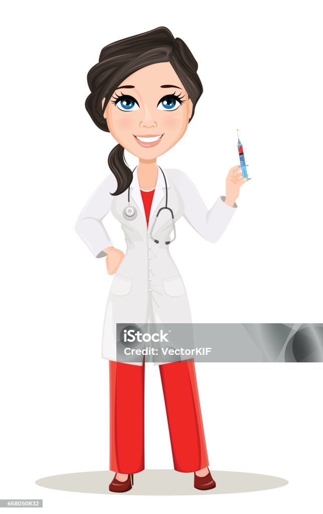Doctor Woman With Stethoscope Cute Cartoon Smiling Doctor Character In  Medical Gown Holding Syringe With Vaccine Vector Illustration Eps10 Stock  Illustration - Download Image Now - iStock