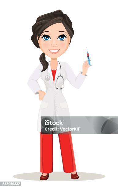 Doctor Woman With Stethoscope Cute Cartoon Smiling Doctor Character In  Medical Gown Holding Syringe With Vaccine Vector Illustration Eps10 Stock  Illustration - Download Image Now - iStock