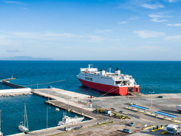 View cargo port and car ferry in Rafina from a hill. Attiki, Greece