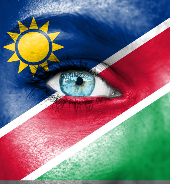 istock Woman face painted with flag of Namibia 658058666