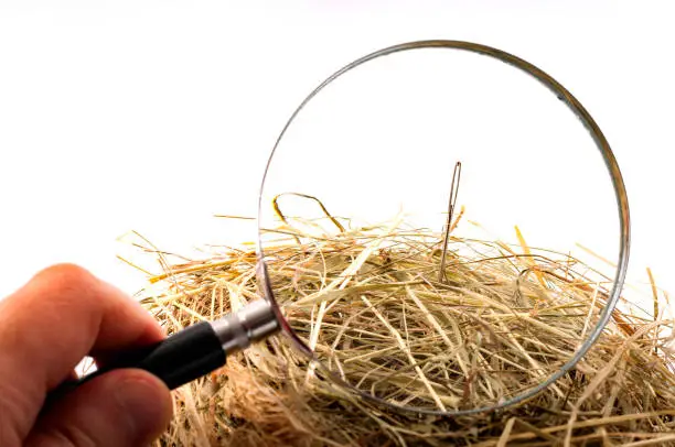 The idiom or the figure of speech “look for a needle in a haystack” is used to describe something elusive in a large space or a sisyphean task. Magnifying glass on the needle is isolated on white