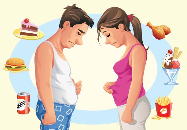 ilustrações, clipart, desenhos animados e ícones de homem e mulher decidindo ir em uma dieta - overweight dieting men unhealthy eating