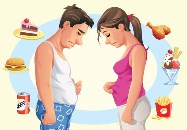 мужчина и женщина решают сходить на диету - overweight dieting men unhealthy eating stock illustrations