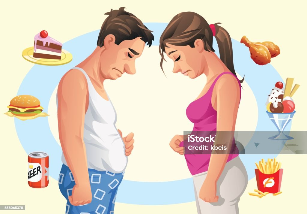 Man And Woman Deciding To Go On A Diet Vector illustration of a man and a woman facing each other, looking down at their belly. They are surrounded by icons representing unhealthy food. Concept for healthy eating, dieting, losing weight, willpower and temptation. Overweight stock vector