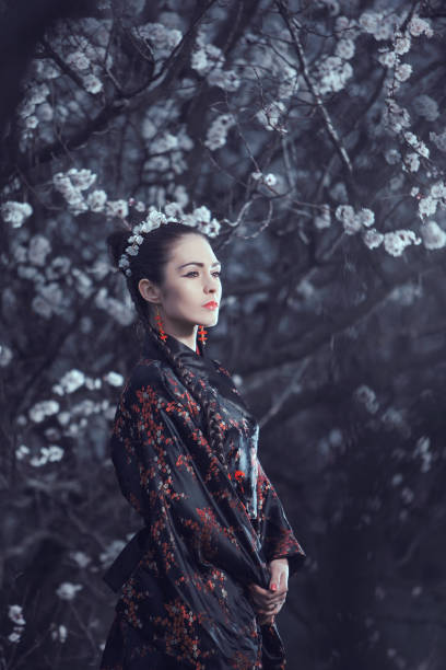 istock Geisha in red kimono in sakura 658072526