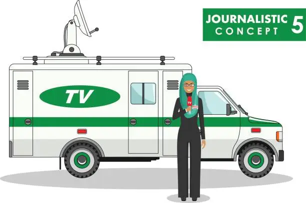 Vector illustration of Journalistic concept. Detailed illustration of muslim woman reporter and TV or news car in flat style on white background. Vector illustration.
