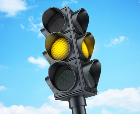 Yellow traffic lights on sky background. 3d illustration