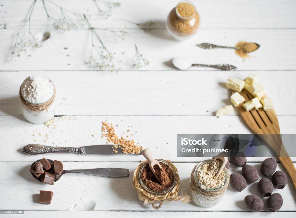 different ingredients Easter Easter different ingredients on white wooden table,holiday concept and preparation Archival Stock Photo