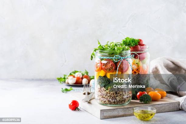 Salad In Glass Jar With Quinoa Stock Photo - Download Image Now - Healthy Eating, Food, Salad