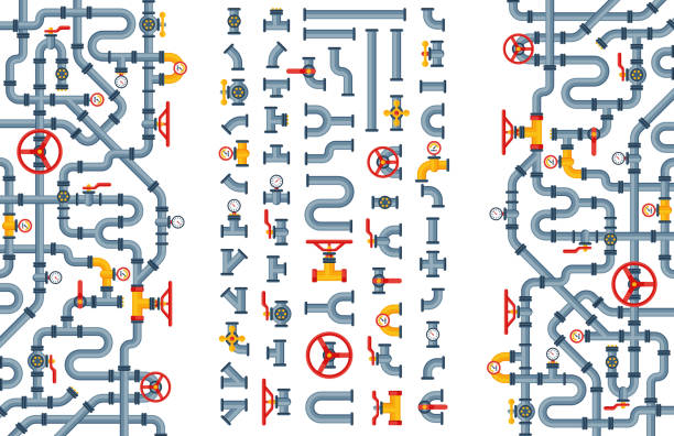 Details pipes different types collection of water tube industry gas valve construction and oil industrial pressure technology plumbing vector illustration Details pipes different types collection of water tube industry gas valve construction and oil industrial pressure technology plumbing vector illustration. Steel factory engineering. plumber pipe stock illustrations