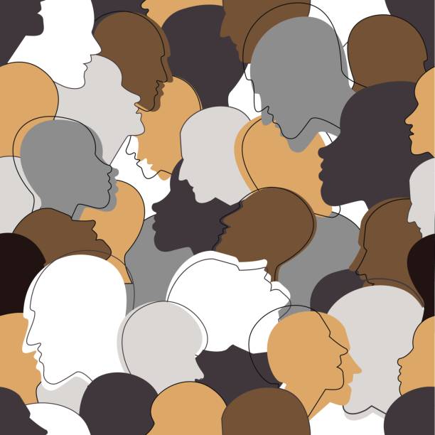 Seamless pattern of  crowd of many different people profile heads. Seamless pattern of a crowd of many different people profile heads. Vector background. crowd of people patterns stock illustrations