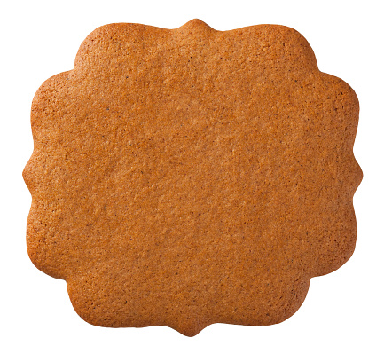 Gingerbread cookie in shape of label isolated on white background. Top view