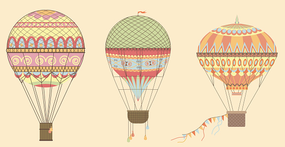 Vintage Hot Air Balloons in sky. Vector illustration