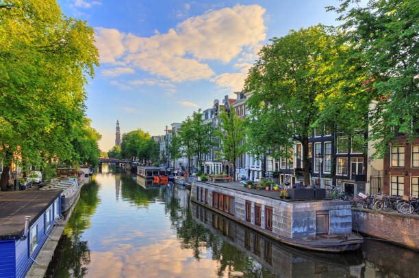 Prinsengracht houseboat spring Houseboats at the UNESCO world heritage Prinsengracht canal with the Westerkerk (Western church) on a summer morning with a blue sky and clouds and a mirror reflection in Amsterdam, The Netherlands jordaan amsterdam stock pictures, royalty-free photos & images