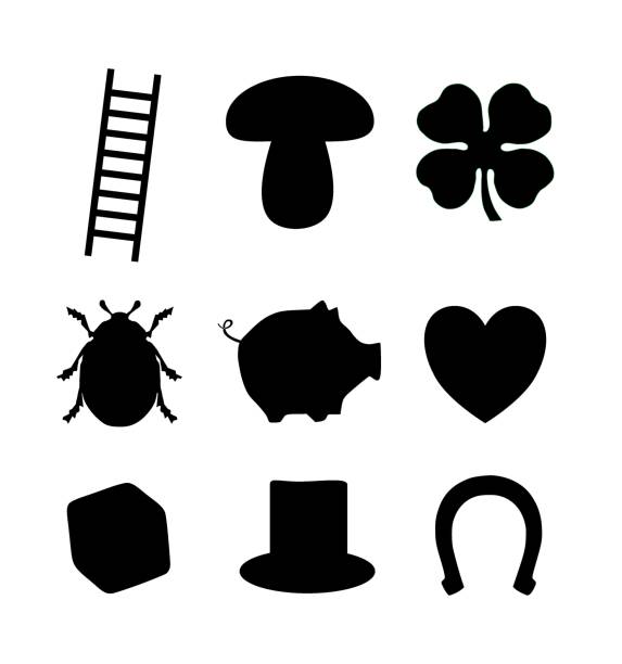 символы счастья черные изолированы - horseshoe good luck charm cut out luck stock illustrations