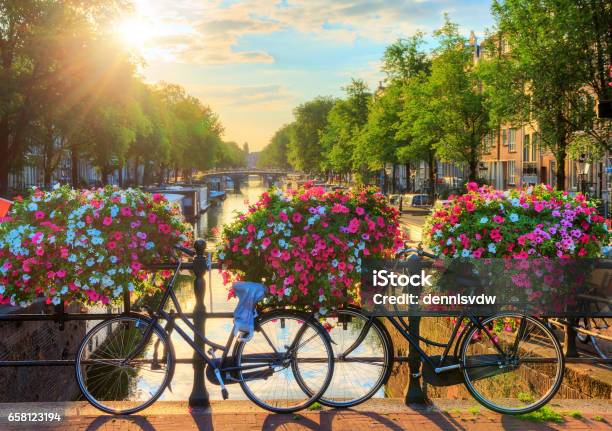 Amsterdam Summer Sunrise Ii Stock Photo - Download Image Now - Amsterdam, Bicycle, Cycling