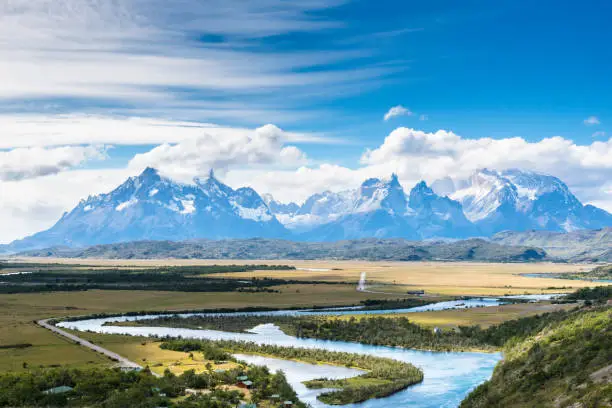 View of Torres del Paine National Park in sunny day, Patagonia, Chile