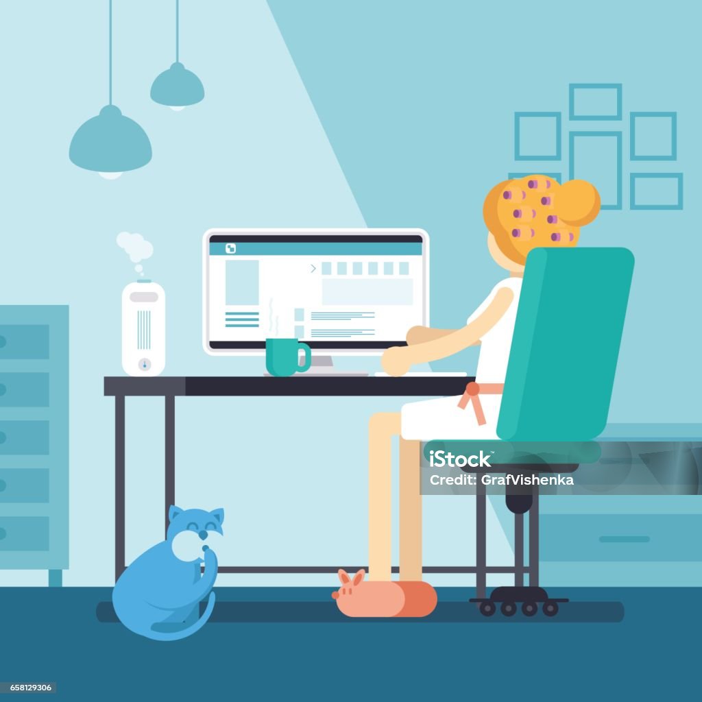 Woman or girl sitting in front of pc surfing social media. Young housewife at home working online in internet. Female inside living room working with coffee on table. Vector illustration - Royalty-free Adulto arte vetorial