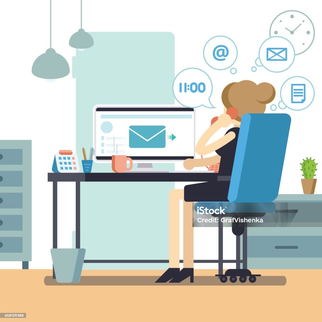 Woman secretary or female personal assistant busy. Young office manager or receptionist multitasking. Business lady or company clerk. Vector illustration Woman secretary or female personal assistant busy. Young office manager or receptionist multitasking. Business lady or company clerk. Vector illustration. Financial Advisor stock vector