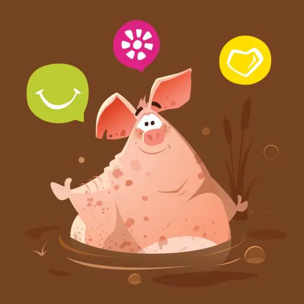 Vector illustration of Big fat happy smile dirty pig in dirt swamp mud